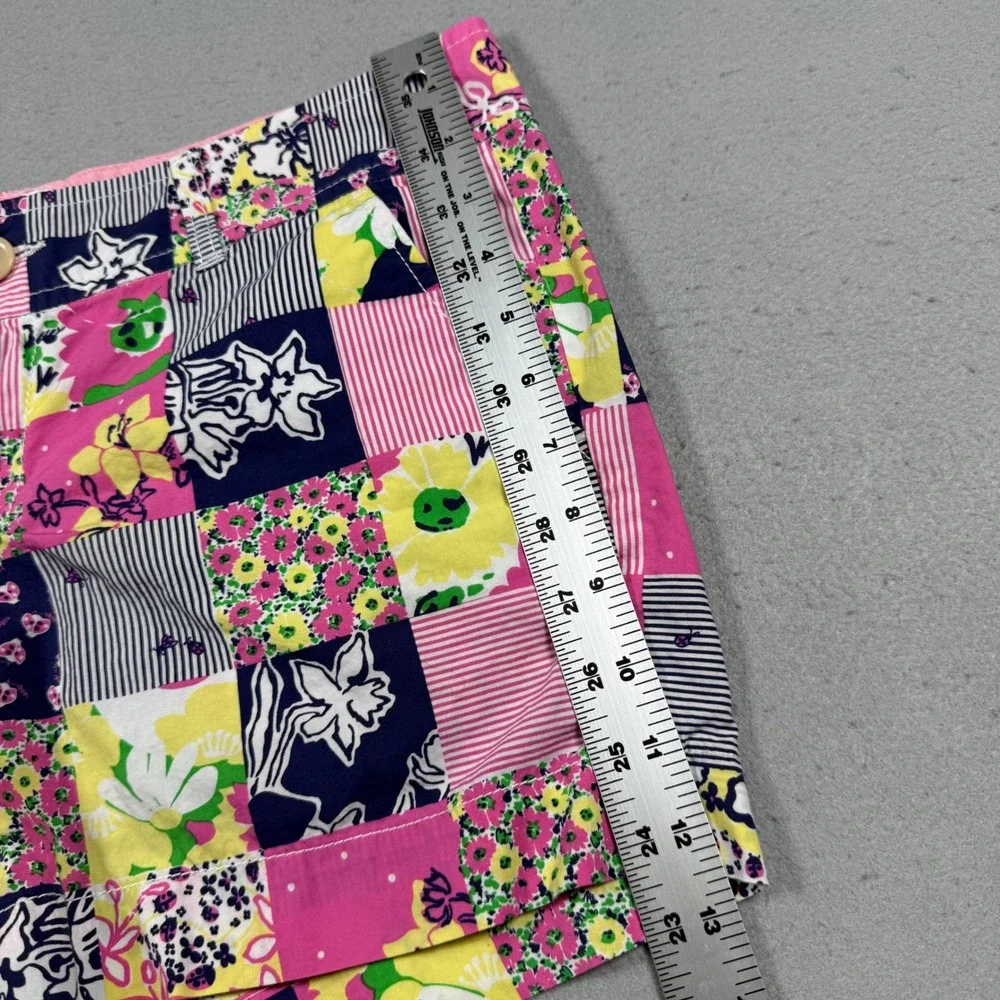 Lilly Pulitzer Patchwork Floral Striped Cotton Shorts Pink Yellow Navy Womens 8